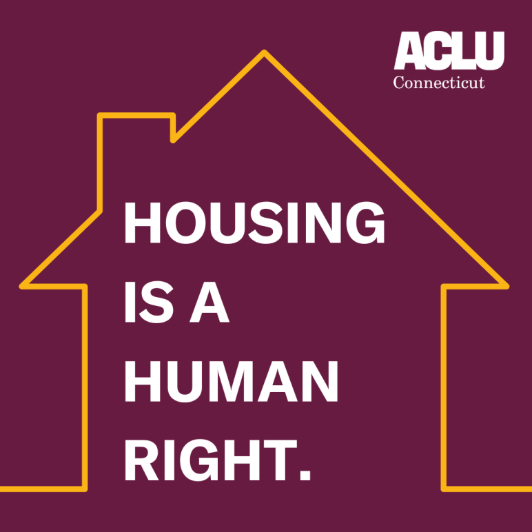 maroon background with an outline of a yellow house. Inside the outline there is the following in white text: "Housing is a human right."