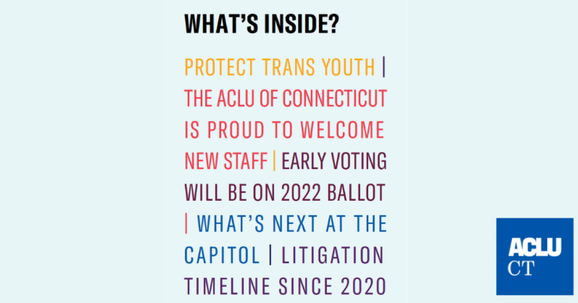 A light blue background with colorful text in front. Text says "what's inside?" in black at the top, followed by headlines from the ACLUCT newsletter 2021