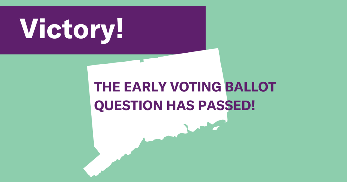 A green rectangle. In the top left corner is a purple banner that says: victory! Below is a white map of Connecticut. Overlaid in purple, it says "the early voting ballot question has passed!"