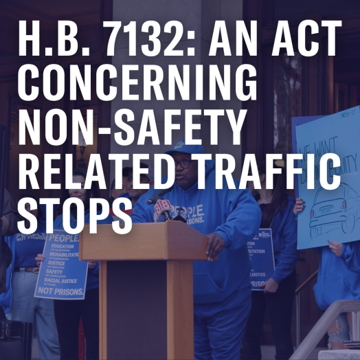 On a faded photo of Anderson speaking in front of the Capitol, the following text appears in white: "H.B. 7132: An Act Concerning Non-Safety Related Traffic Stops."