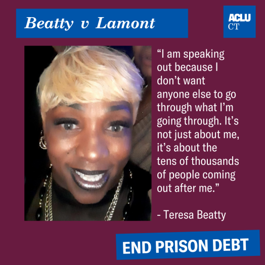 A photo of Teresa Beatty, with short blond hair and black shirt, smiling. To the right it says: I am speaking out bc I don't want anyone else to go through what I'm going through. It's not just about me it's about the 10s of thousands of people ..."