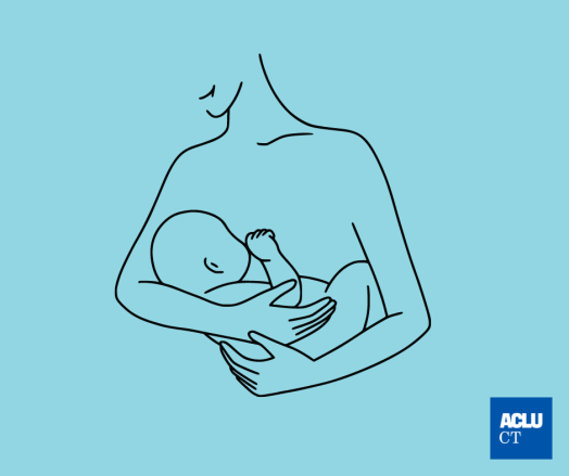 A light blue background. At the bottom right corner is the ACLU-CT logo in a blue box. At center is a drawing, in black lines, of an adult nursing a baby