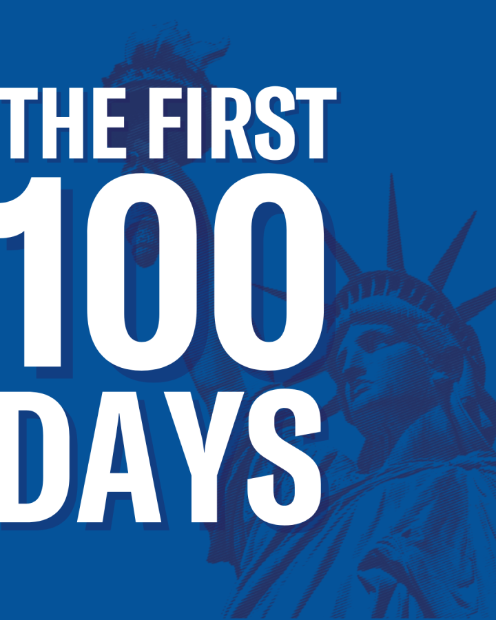 On a blue background, a translucent overlay of a dark blue Lady Liberty stands behind white text that reads "THE FIRST 100 DAYS"