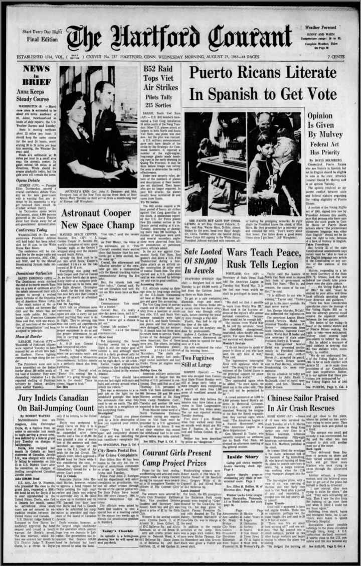 Hartford Courant Newspaper from 1965, focus is on "Puerto Ricans Literate in Spanish to Get Vote".