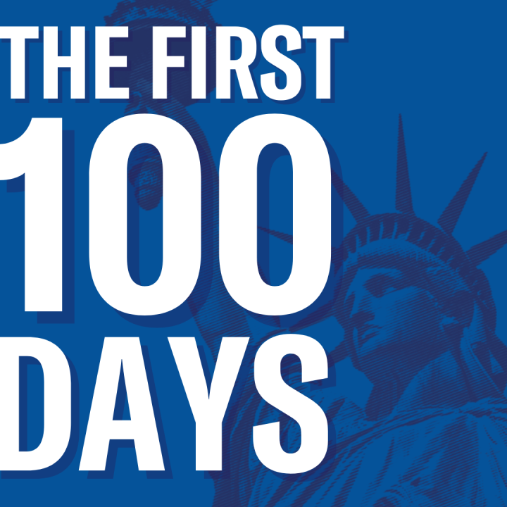 On a blue background, a translucent overlay of a dark blue Lady Liberty stands behind white text that reads "THE FIRST 100 DAYS"