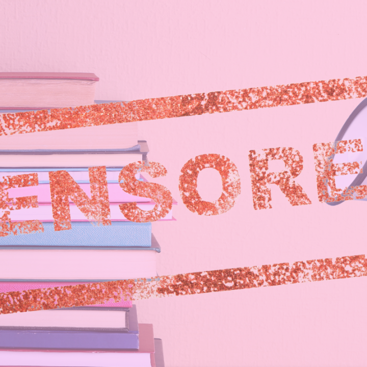 A red "censored" stamp covers a stack of books and a hand holding a bullhorn. All are behind a pink filter effect. 