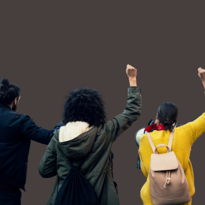 three people stand, fists raised in protest, against a gray background. A white ACLU of Connecticut logo is in the top right corner.