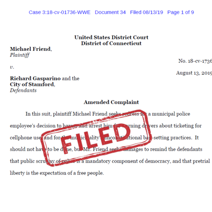 ACLU of Connecticut Cover Amended Complaint Friend v Gasparino, City of Stamford, bail