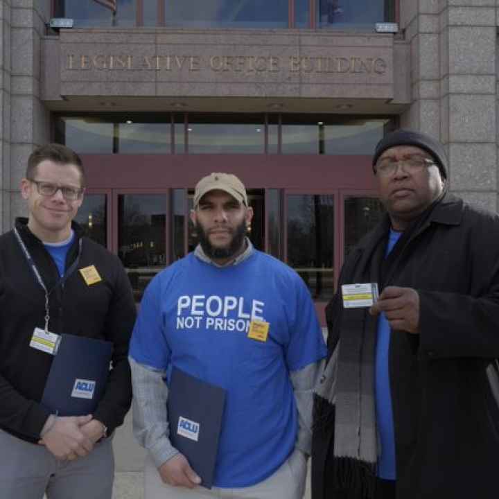 ACLU Connecticut Smart Justice leaders Gus, Anderson, Ramon at the CT state capitol building / legislative office building