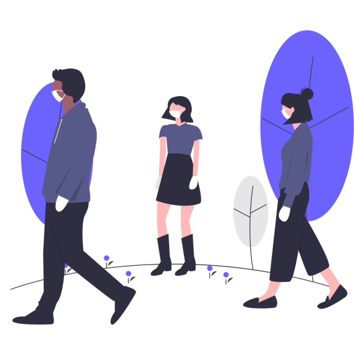 undraw illustration of three people in blue shirts walking 6 feet apart in white masks and white gloves, with blue trees in background