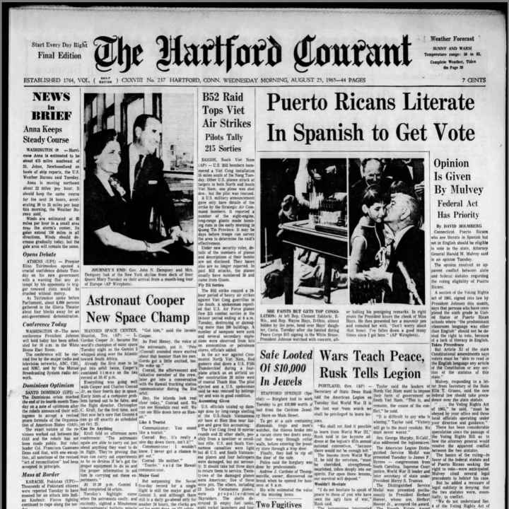 Hartford Courant Newspaper from 1965, focus is on "Puerto Ricans Literate in Spanish to Get Vote".