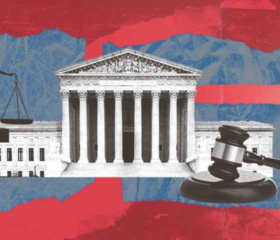 A red rectangle with blue collage-like patches. In the foreground are black and white images of a scale of justice, the US Supreme Court building, and a judge's gavel