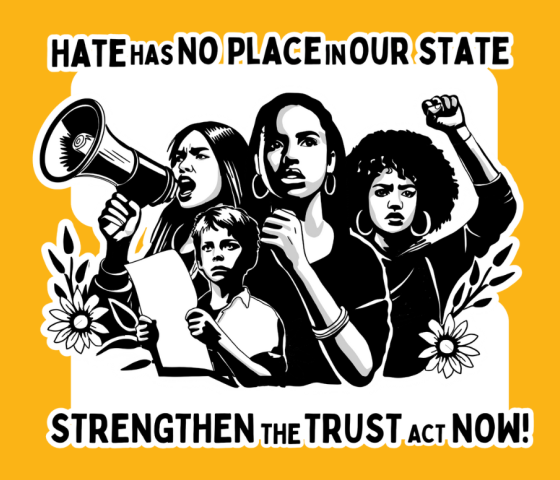 On a yellow background, there is a drawing of four people engaged in protest with flowers and leaves around the bottom of the drawing. Above the drawing reads in black "Hate has no place on our state" and below the reads "Strengthen the trust act now!"