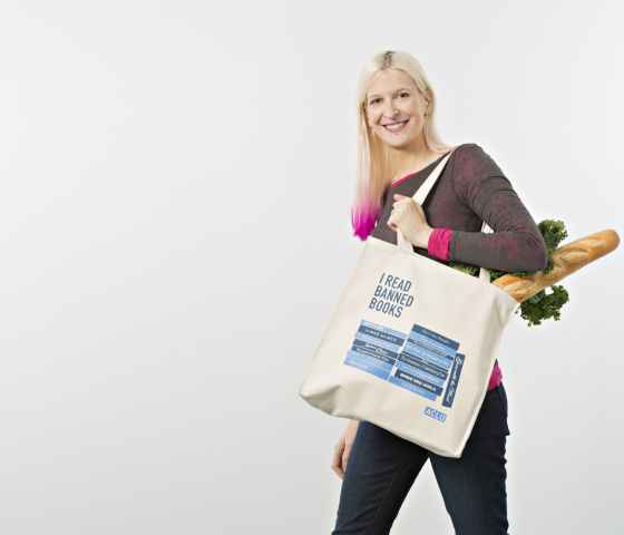 ACLU Model holding Banned Books Bag